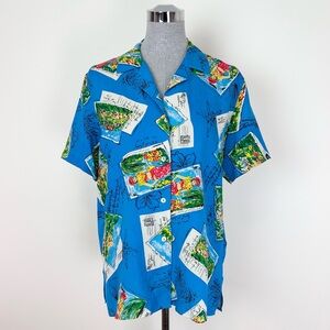 Vintage CLIO Vibrant Blue Graphic Short Sleeve Button Down Shirt‎ Size Medium